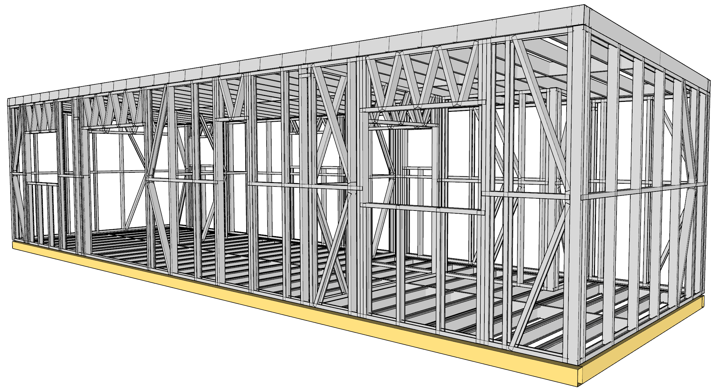 43m² Two-Bedroom Cabin — steel frame render