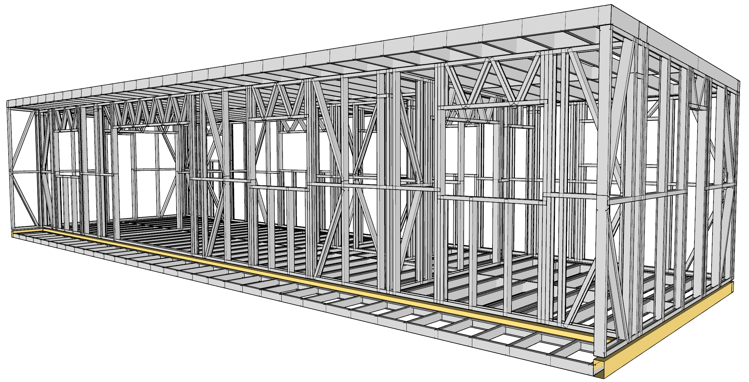 56m² Two-Bedroom Cabin — steel frame render
