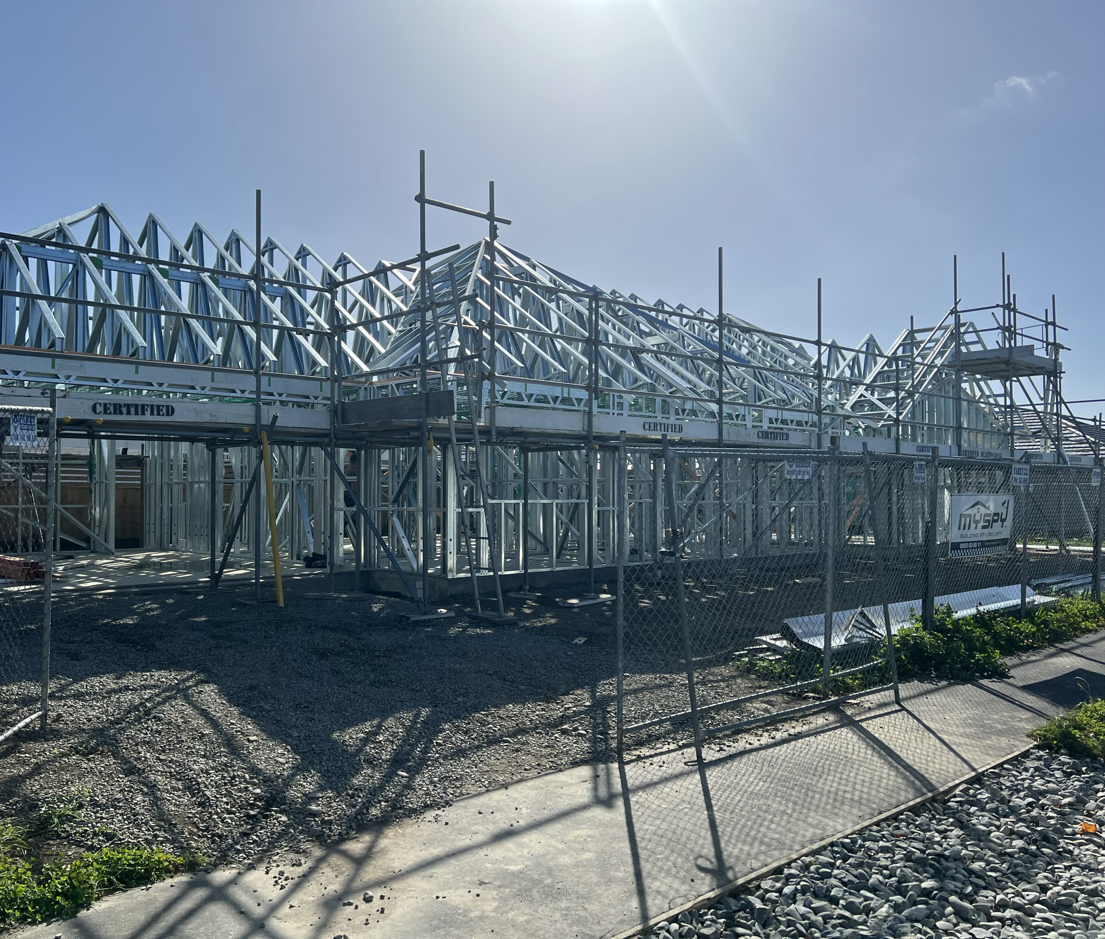 Residential steel house frame on site